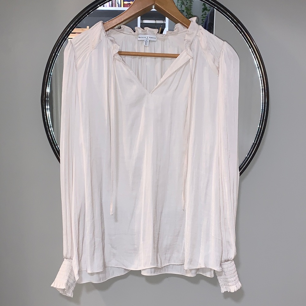 Cream Tie-Neck Long-Sleeve Blouse by Banana Republic